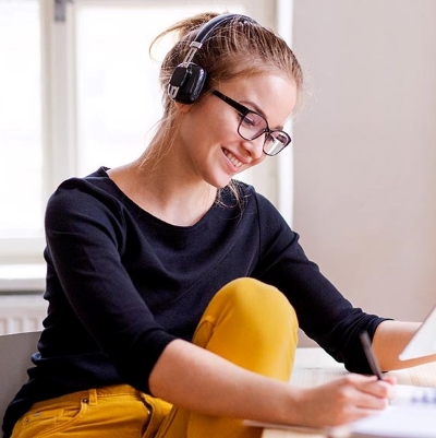 Student with earphones on