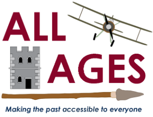 Drawn image of a stone tower, a bi-plane and a spear with text reading: All Ages - Making the past accessible to everyone