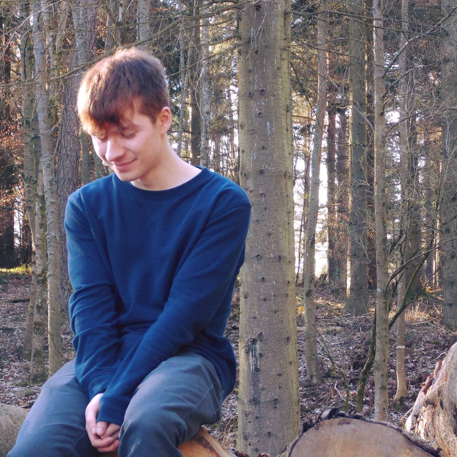 Man sitting on logs wearing a blue jumper