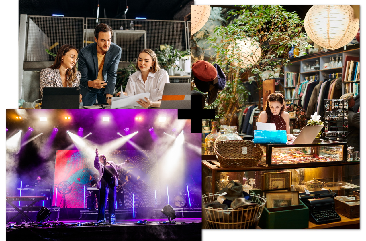 Collage of 3 images | accounting | Belladrum festival | a lady managing a shop