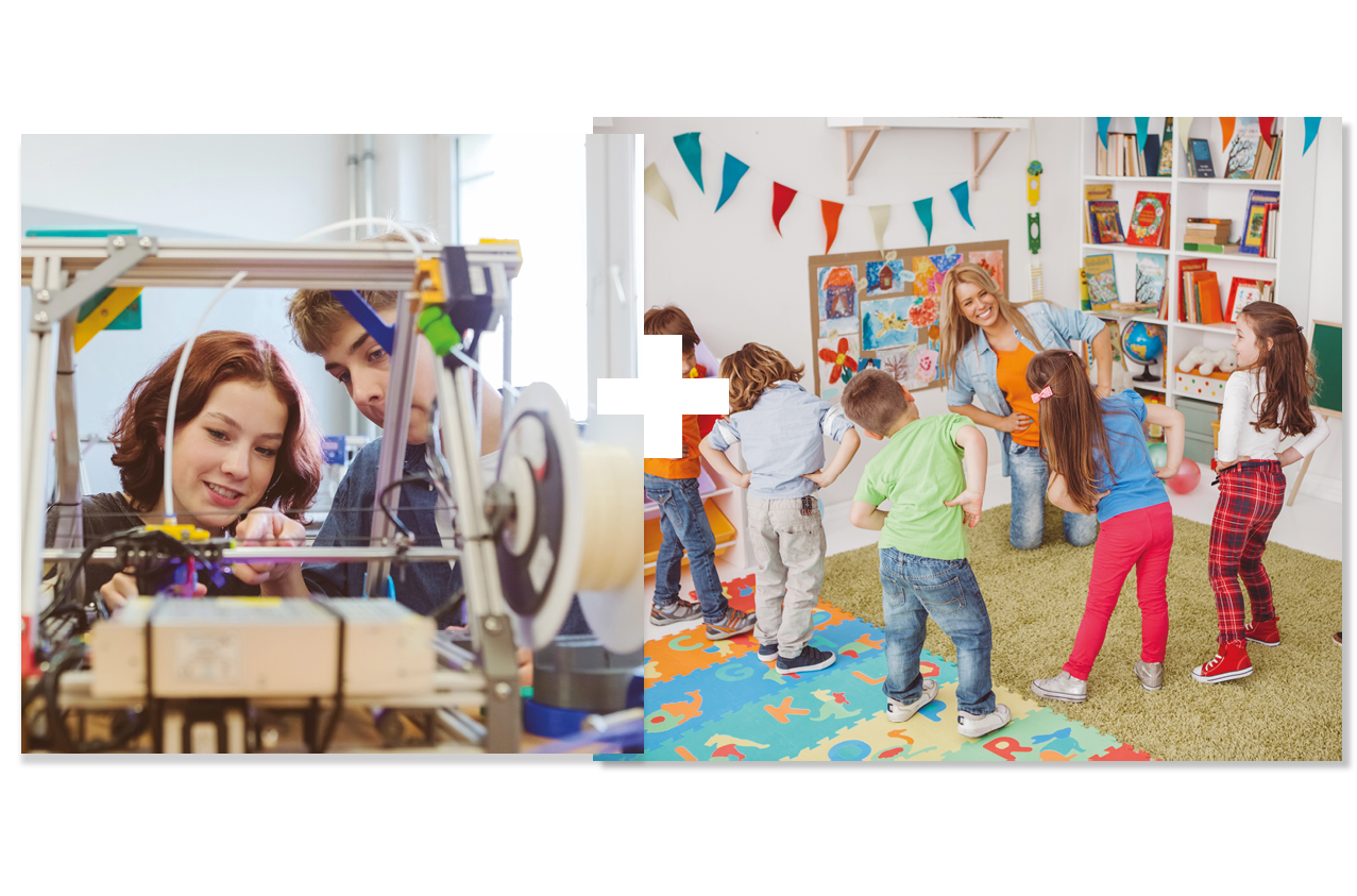 Collage of 2 | Two students working on an engineering project | A teacher in a nursery room