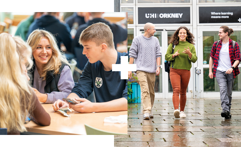 Collage of 2 | Student in a canteen | Students walking outside