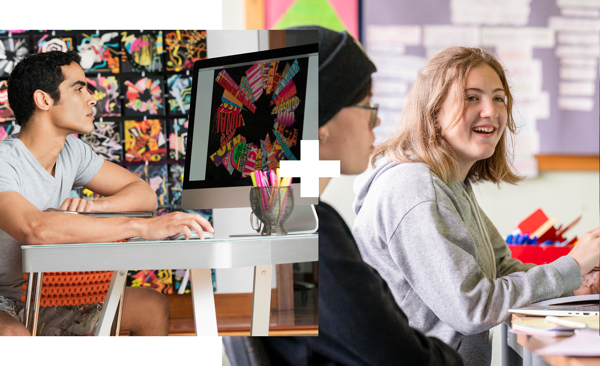 Collage of two | Student working at a computer | Two students in a class