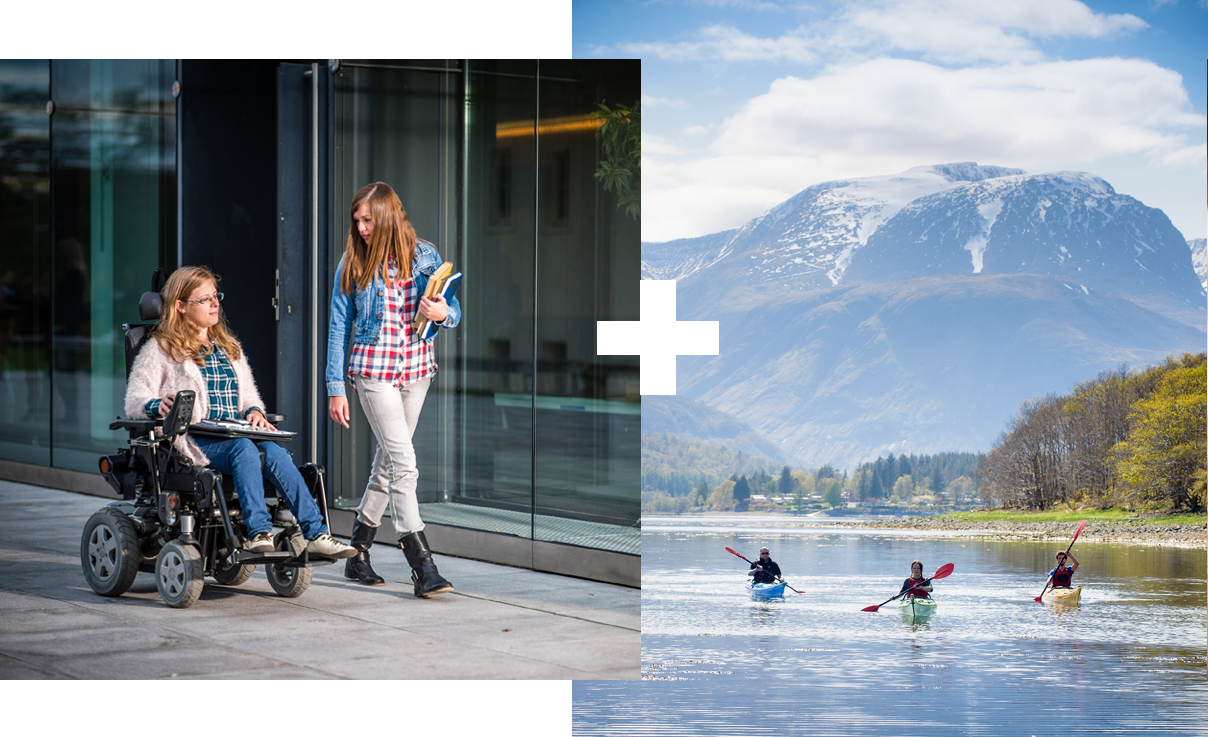 Collage of 2 | Two students talking outside | People kayaking