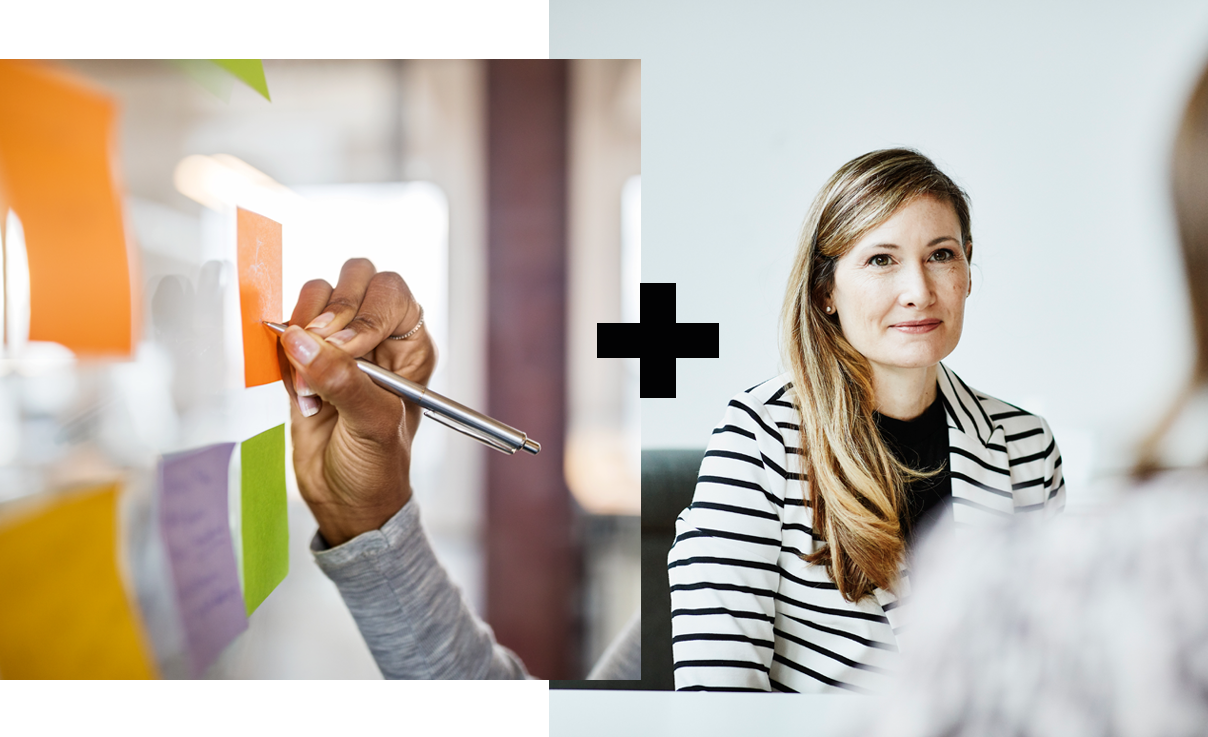 Collage of 2 | Whiteboard with post-it notes | Woman sitting in a chair