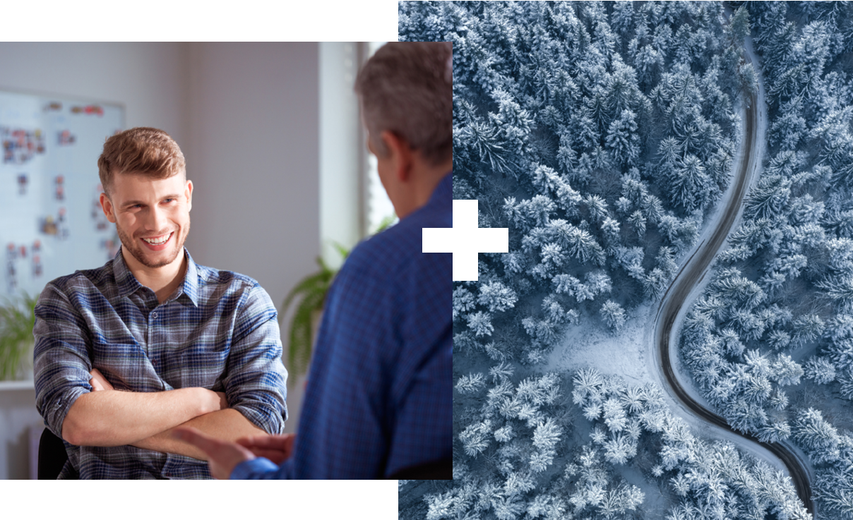 Collage of 2 | Man smiling | Road leading through snowy forest