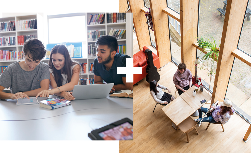 Collage of 2 | Two students studying | Students having lunch indoors