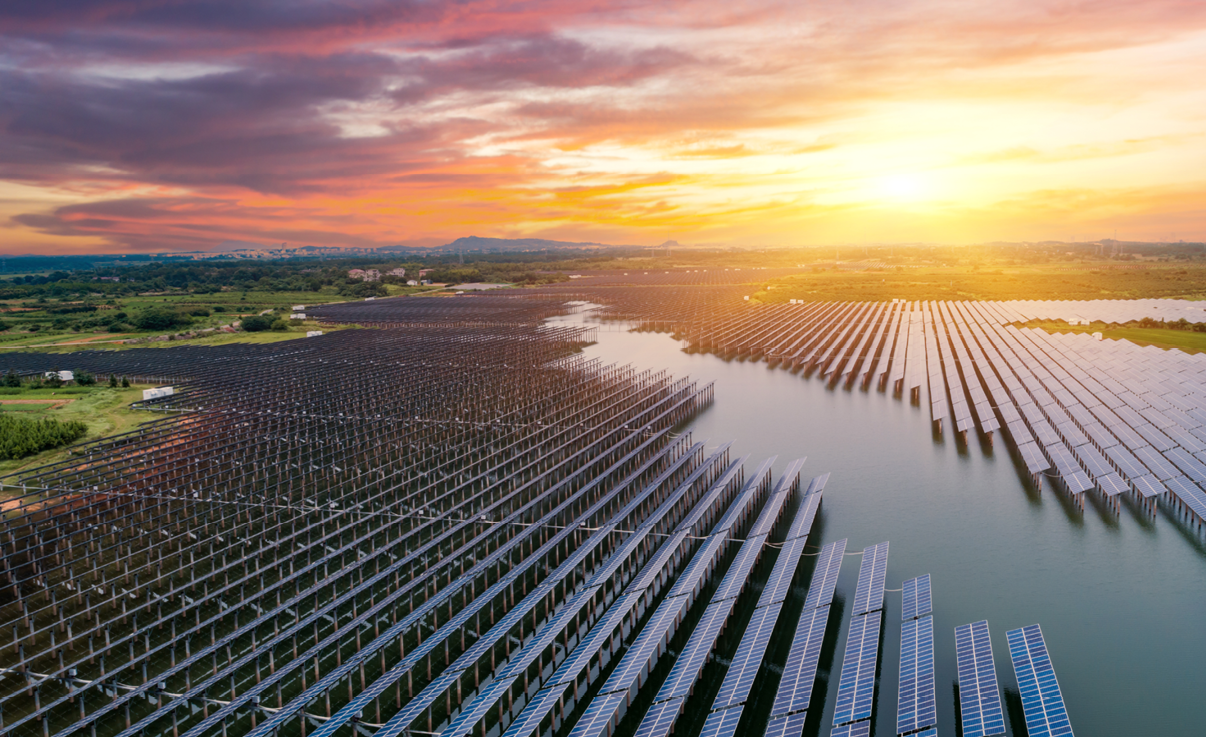 Sunset over solar panels